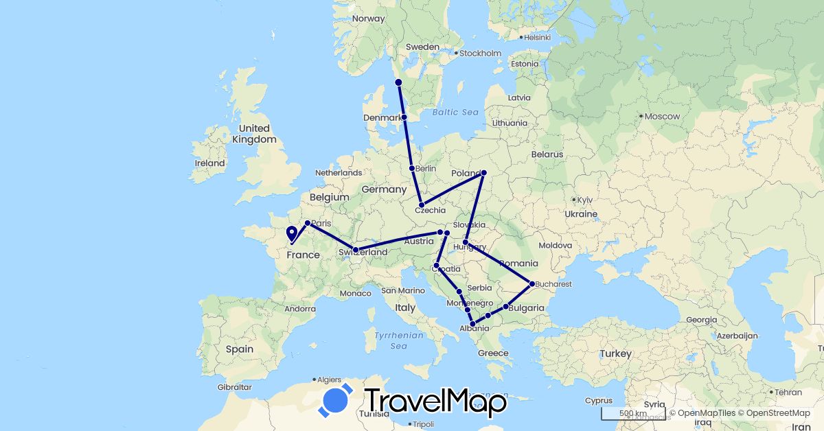 TravelMap itinerary: driving in Albania, Austria, Bosnia and Herzegovina, Bulgaria, Switzerland, Czech Republic, Germany, Denmark, France, Croatia, Hungary, Montenegro, Macedonia, Poland, Romania, Sweden, Slovakia (Europe)